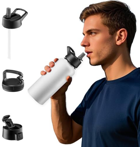 950 ML Triple Walled, Insulated Water Bottles with Straw - Stainless Steel Metal Bottle W/ 3 Leak Proof Lids - for Travel, School, Sports, Gym/Men, Women & Kids (Pure Pearly White)