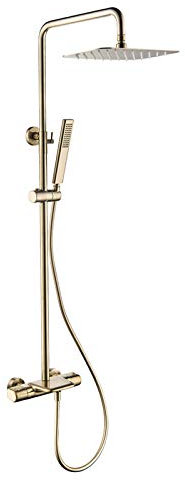 Ensemble de douche thermostatique, ensemble de robinet de douche de salle de bains mural en or brossé avec pomme de douche à effet de pluie, douche à main, robinet de baignoire cascade, ensemble de