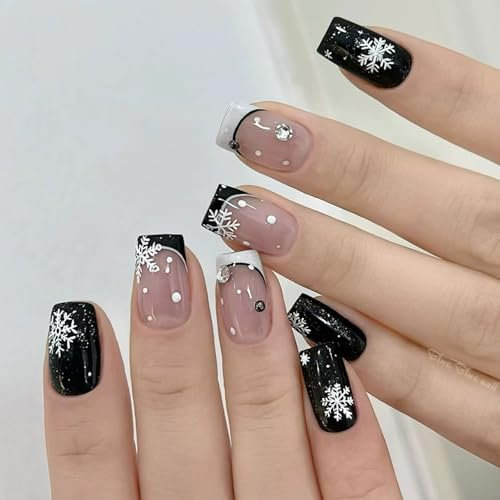 24Pcs Noël Faux Ongles à Coller Carré Court, Noir Blanc French Tip Press on Nails avec Flocon de Neige Acrylique Couverture Complète Hiver Noël Faux Ongles Artificiels pour Femmes et Filles