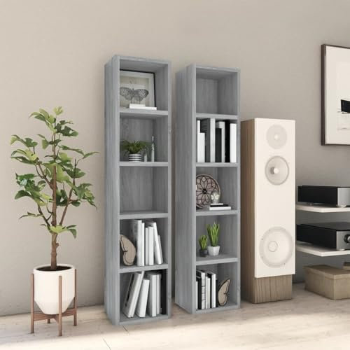 Xichuzi CD-Regale 2 STK CD Aufbewahrung, Medienregal, DVD-Regal, Album Für CDs, DVD Fächer, CD Ständer, Grau Sonoma 21x16x93,5 cm Holzwerkstoff