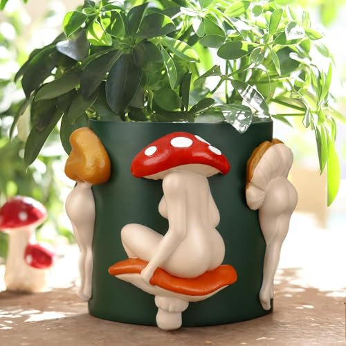 AmiCera Vaso da fiori con fungo da donna, unico vaso per piante, boho Funky, eclettico, decorazione per la casa moderna, a forma di fungo, per piante d'appartamento, verde scuro