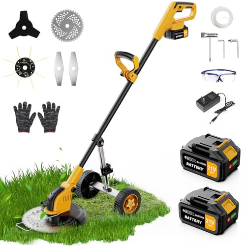 20000 RPM Cordless Garden Strimmer with 2Pcs 3.0Ah Batteries, 12″ Brushless Grass Trimmer with Detachable Wheels, 4 in1 Electric Strimmer with 4 Types Blades for Clearing Weeds