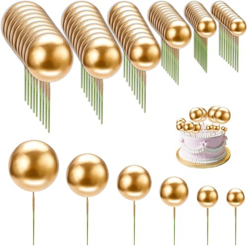 Shatore 60pcs Gold Round Ball Cake Toppers - Elegant Gold Cake Decorations for Weddings, Birthdays, Holidays & Anniversaries