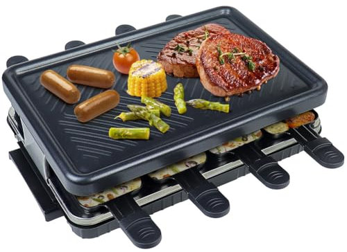OUHKDM 8 Person Indoor Grill Machine 8 Mini Non Stick Pan for Raclette Cheese Dishes Cooking Party Kitchen Cooker Health Electric Smokeless BBQ Grill 1 Steak Pan 4 Wooden Spatula