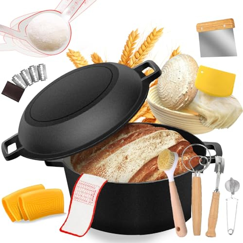 Cast Iron Dutch Oven Bread Baking Kit - 10-Piece Set with Banneton Basket, Dough Scraper, pizza shovel,Bread Lame, Whisk, Brush, and Silicone Grips with Skillet Lid Cooking Pan Handles Lame, 5QT
