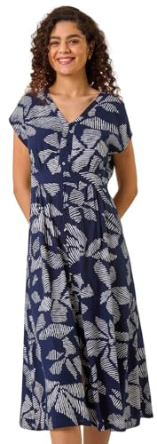 Roman Originals Swing Tea Dress Women UK Ladies Skater Midi A Line Fit & Flare Summer Casual Smart Cocktail Party Going Out Work Cruise Button Through Long Pocket - Navy Leaf - Size 12