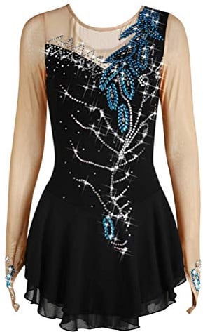 TJDWPRRD Eiskunstlauf Kleid Für Mädchen Frauen Wettbewerb Skatingrock Mit Strass Ballett Tanzkleidung Für Leistung Langarm EIS Tanzen Trainingskleidung,A,12_15Years