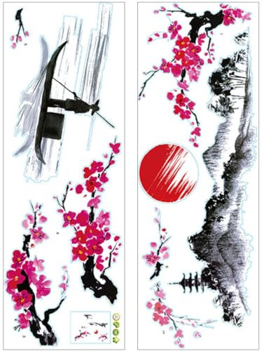 DIYEAH Sticker Mural Paysage Chinois Adhésif 25x70cm 2 Pièces, Décoration Murale Salon Et Chambre, Style Fleuri Vintage, Autocollants Muraux Paysage Asiatique Pour Intérieur