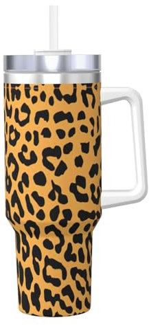 KOUUIP Taza de café de acero inoxidable de doble pared con tapa y asa de 1,134.0 g con estampado de leopardo
