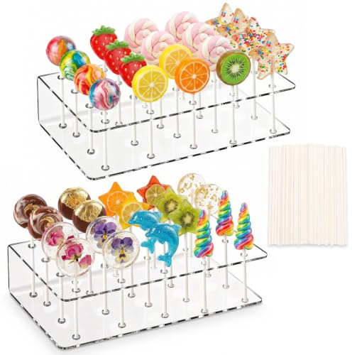 2 Stück Cake pop ständer, 20 Löcher Lutscher Stände mit 100 Cake Pops Stiele, Transparent Süßigkeiten Ständer für Geburtstag Hochzeit Tisch Dessert Party Deko