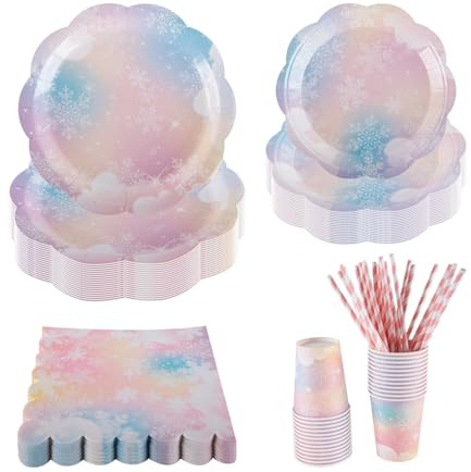 PHUNAT Fournitures de fête La Reine des Neiges pour 25 invités, 125 pièces de vaisselle de fête avec assiettes, gobelets, serviettes et pailles en papier flocon de neige, idéal pour Noël, anniversaire