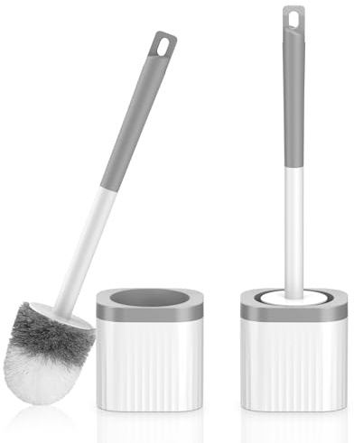 EZKEY Toilet Brush, 2 Pack Compact Toilet Bowl Brush and Holder Set with Nylon Bristles Toilet Cleaner Brush Hidden Toilet Scrubber Brush for Bathroom Cleaning, Grey & White