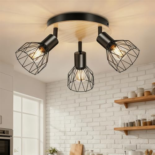 Ketom Plafonnier 3 Spot Noir, Luminaire Cuisine Plafond Bois, Sans Ampoules