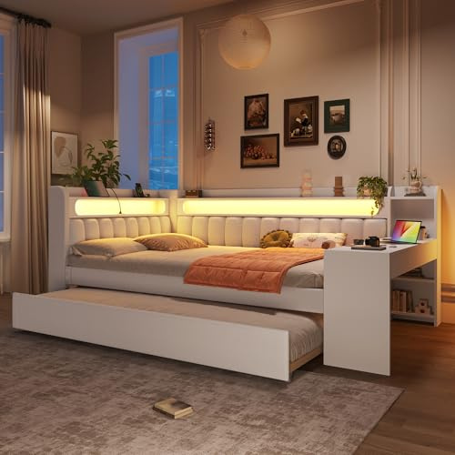 ZIDEY Polsterbett Ausziehbar Schlafsofa 140x200 mit LED, USB-Anschlüssen,Schreibtisch, Tagesbett Ausziehbett mit Lattenrost, Sofabett Funktionsbett Daybett, ohne Matratze, Weiß