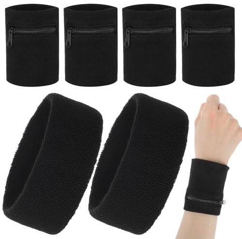 WJIAAA 4 Stück Handgelenktaschen für Herren mit 2 Stück Kopfschweißbändern, 8,5 cm große Handgelenktaschen mit Reißverschluss für Laufen, Joggen, Wandern & Basketball, Schlüssel- & Kartenhalter, Nylon