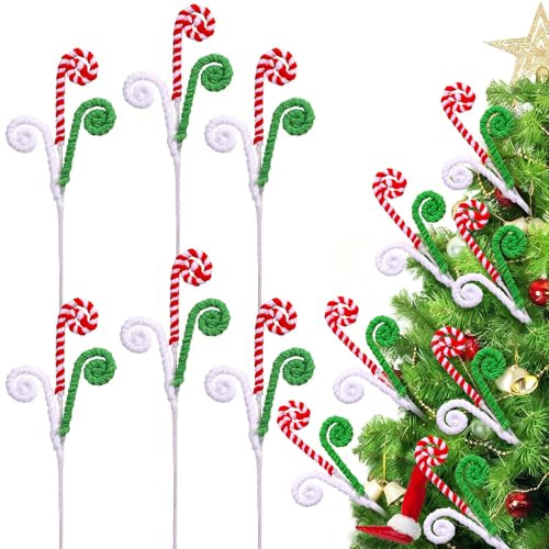 6 Pcs Red White Green Christmas Tree Topper Picks, Curly Decoration Lollipop Candy Cane Woolen Sticks, Ideal for Xmas Tree Vase Filler Large Wreath Garland Home Decor Holiday Party Ornaments