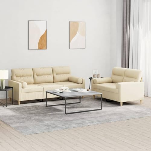 QUAHEAS 2-TLG. Sofagarnitur mit Kissen, Creme Stoff, Modernes Wohnzimmer Set, Bequeme Polstermöbel für Entspannung und Stil, Strapazierfähig