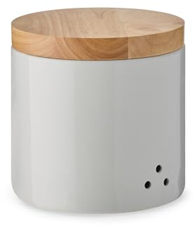 KHG Kartoffeltopf Keramik Steingut Weiß Holzdeckel Bambus, Kartoffel Aufbewahrung, ca. 4 kg oder 9 Liter, Kartoffelbehälter rund, atmungsaktive Luftlöcher, glänzend glasiert Emaille, unbeschriftet