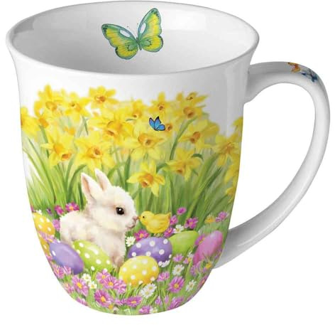 Ambiente Porzellan Tasse, Bone China, 400ml, Ø 10 cm, h 10,5 cm, mit Ostermotiv Hase und Blumen Easter Friends
