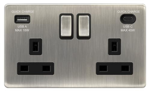 EVOGES Terra 2 Gang Switched Socket with USB-C 45W & USB-A Fast Charge – 13A Double Pole Wall Socket, Fits Standard UK Back Boxes (Brushed Chrome/Black Insert)