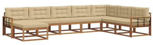 vidaXL Outdoor-Sofagarnitur mit Kissen 8 pcs Natur und Beige, Akazienholz Outdoor Sofa Set, modernes Ecksofa, langlebige Gartenmöbel, Terrassensitz, Lounge für den Hinterhof, Latten-Rücken-Design
