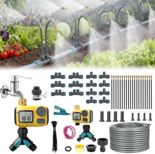 Sistema di irrigazione Micro Drip System, 30 m, con timer e 20 ugelli, sistema di irrigazione automatico a 360°, adatto per piante da giardino, aiuole, giardini, piante in vaso e prati