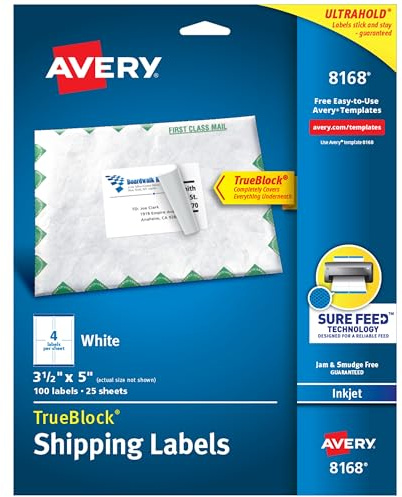 Avery Printable Shipping Labels with Sure Feed, 3.5 x 5, White, 100 Blank Mailing Labels (8168)