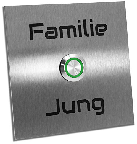Jung-Edelstahl-Design Türklingel Bochum mit Gravur. Moderne Klingelplatte in verschiedenen Größen. Led Taster in (grün). Klingelschild aus V2a Edelstahl. Unterputztürklingel