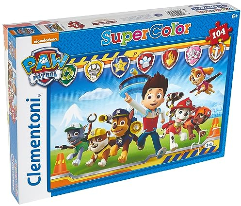 Clementoni 27945 Supercolor Paw Patrol – Puzzle 104 Teile ab 6 Jahren, buntes Kinderpuzzle mit besonderer Leuchtkraft & Farbintensität, Geschicklichkeitsspiel für Kinder