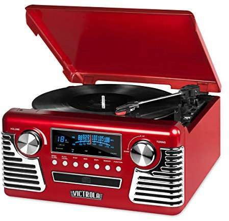 Innovative Technology Victrola 50's Retro 3-Speed Bluetooth Turntable with Stereo, CD Player and Speakers, Red