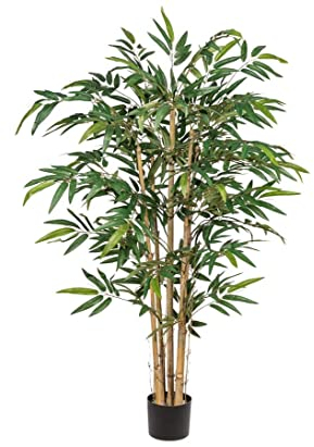 Künstlicher Bambusbaum 150cm mit echten Bambusrohren und textilen Blättern im Topf - Multistamm Bambuspflanze Bambusstrauch