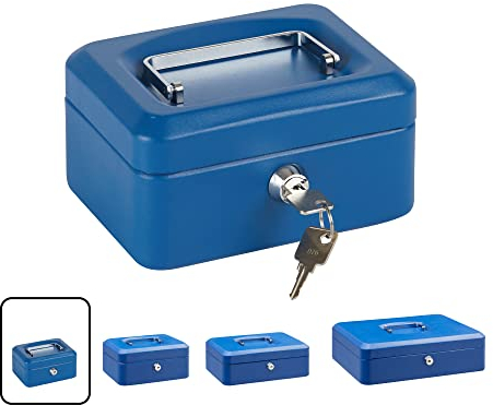 ARREGUI Elegant C9215 Caisse à monnaie et billets à clé pour ranger et transporter l'argent | Caisse en acier monnayeur et compartiment pieces | Coffre fort portatif 15 cm de large | Couleur Bleu