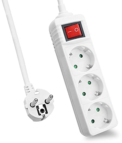 helos Steckdosenleiste 3-fach (Mehrfachsteckdose mit Save Energy-Schalter zum Stromsparen und, Steckplätze 45 Grad gedreht, GS/, Mehrfachstecker für Home Office) weiss