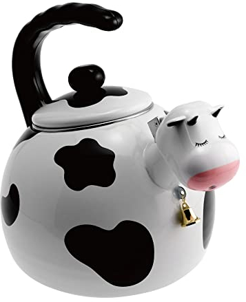 UPware Enamel on Steel Whistling Tea Kettle, Stovetop Teakettle (2.3 Quart, Cow)