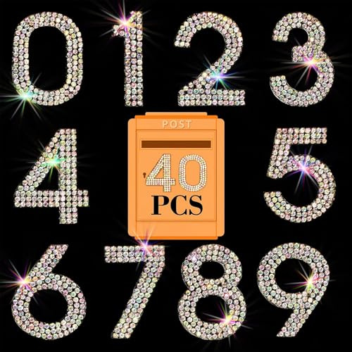 Locacrystal 40Pcs Bling Rhinestone Numbers Self-Adhesive Glitter Number Stickers for Mailbox Cars Doors Crafts 0-9 DIY Crystal Iron-on Numbers Patches for Clothing(Crystal AB,1.57)