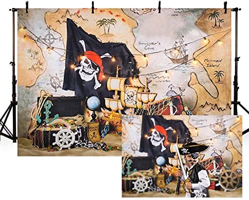 MEHOFOND 2,1 x 1,5 m Piraten Schädel Insel Schatz Karte Hintergrund für Fotografie Bilder Meer Abenteuer Junge Porträt Foto Hintergrund Kinder Geburtstag Party Dekoration Kuchen Tisch Banner