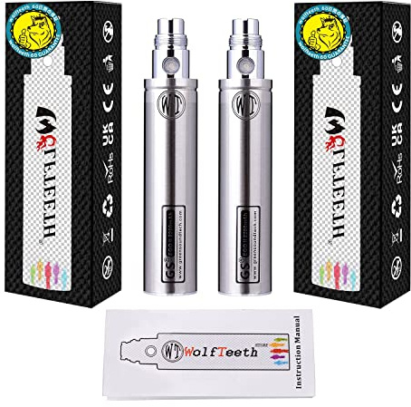 WOLFTEETH Genuine 2 Pack GS Ego II 2200mAh Huge Capacity Battery 510 E-Shisha E-Cigarette Lumia Edition(0ml Nicotine Free/Stainless Steel Silver Twins 1176021 WT)