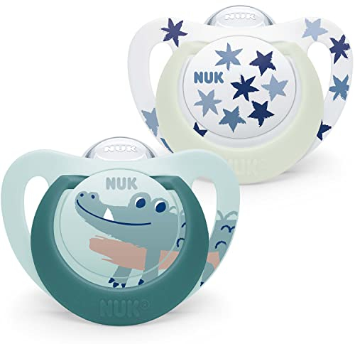 NUK Star Night & Day Schnuller für Babys | 18-36 Monate | Lutscher im Dunkeln | Silikon BPA-frei | Krokodil | 2 Stück, grün