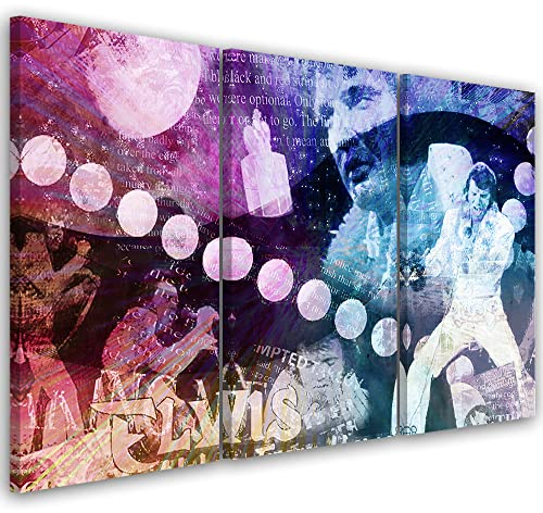Feeby 3-teilig Leinwandbild XXL 120x80 cm Abstraktion Porträt Elvis Presley Wandbild Kunst Bilder Schlafzimmer Deko Wohnzimmer Popkultur Schauspieler Sängerin Violett