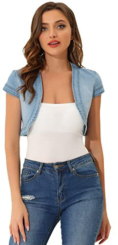 Allegra K Women's Denim Jacket Crop Casual Denim Cardigan Cap Sleeve Summer Outfits Jean Jacket Shrug, Light Blue, Medium