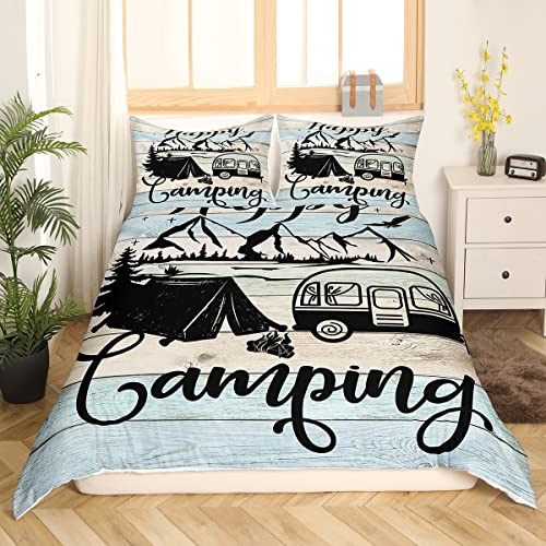Happy Camping Bettwäsche Set Camper Bettwäsche Sets 135 x 200 cm rustikaler Bauernhaus Trösterbezug Camping Zubehör Bettwäsche Wohnmobil Auto Dekor Bettbezug Regenbogen Vintage Bettbezug aus Holz