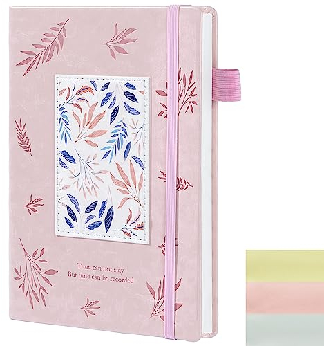 Carnet ligné en cuir, A5 à couverture rigide avec porte-stylo, bande élastique, journal d'écriture pour femmes, garçons, filles, adultes, 25,5 x 14,5 cm (rose)