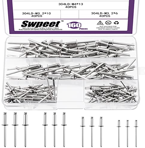 Swpeet 160Pcs 1/8 5/32 3/16 Großer Flansch alle 304 Edelstahl Blindnieten Kit, schwarz Pop Nieten Open End Typ Pop Niet für Innen- und Außeneinsatz