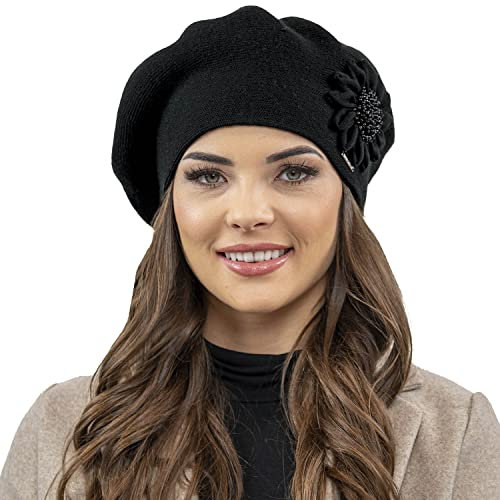 VIVISENCE Winter Baskenmütze Für Damen Herbst Warme Barette Mit Zarter Blumenapplikation Frauen Elegante Klassischem Stil Perfekte Für Herbst Und Wintertage Modell 7048, Schwarz,Einheitsgröße