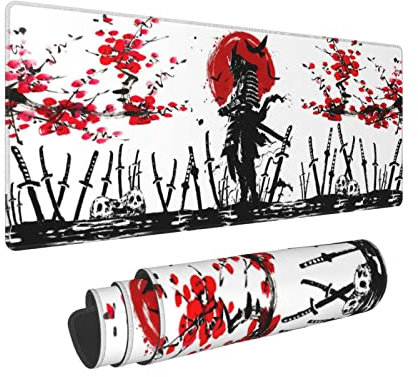 Japanese Cherry Blossom Samurai Skull Gaming Mouse Pad 31.5 × 11.8 × 0.12 Inch Extra Large Keyboard Mouse Mat XL Non-Slip Rubber Base Personalized Desk Pad for Home Computer Office Laptop