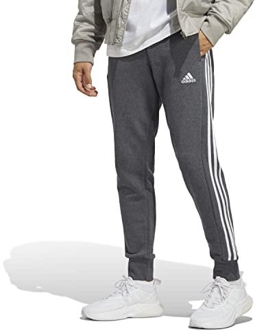 adidas Herren Essentials French Terry Tapered Cuff 3-Stripes Pants, Dark Grey Heather/White, S