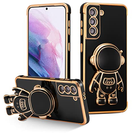 RALEAVO Hülle für Samsung Galaxy S21 Plus 5G mit Astronaut Ständer, Kameraschutz Kratzfest Stoßfeste Bumper Handyhülle mit 3D Cartoon für Galaxy S21 Plus-Schwarz