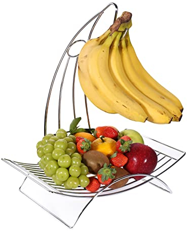 Royal Cuisine Fruit Basket Fruit Bowl with Banana Hook Tall, Wired Fruit Rack/Banana Stand Hanger - Silvery Iron Chrome Finish