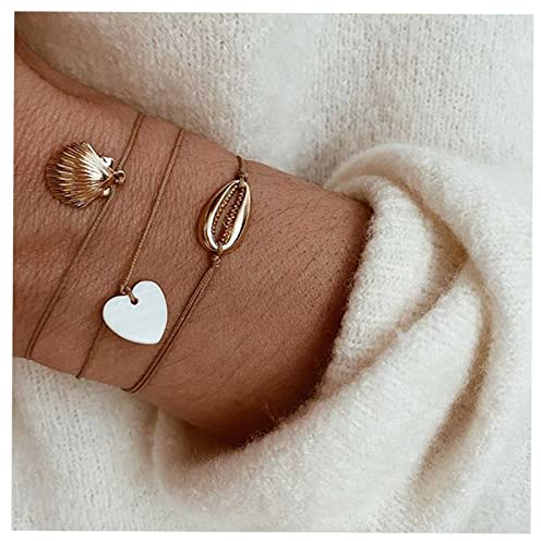Dervivea Mehrschichtige Kaurimuschel Seil Armband Boho Meer Muschel Armband Braun Surfer Armband Strand Herz Geflochtene Armband Schmuck Für Frauen Und Mädchen Pack 3
