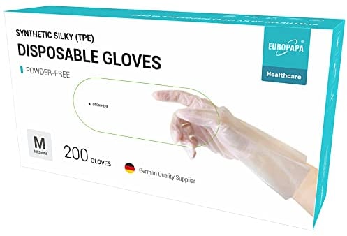 EUROPAPA® Pack de 100, 200, 300, 450 pièces TPE transparent et bleu Gants jetables en boîte Gants jetables sans latex Non poudrés Gants en caoutchouc Tailles S, M, L, XL (Transparence-200, M)